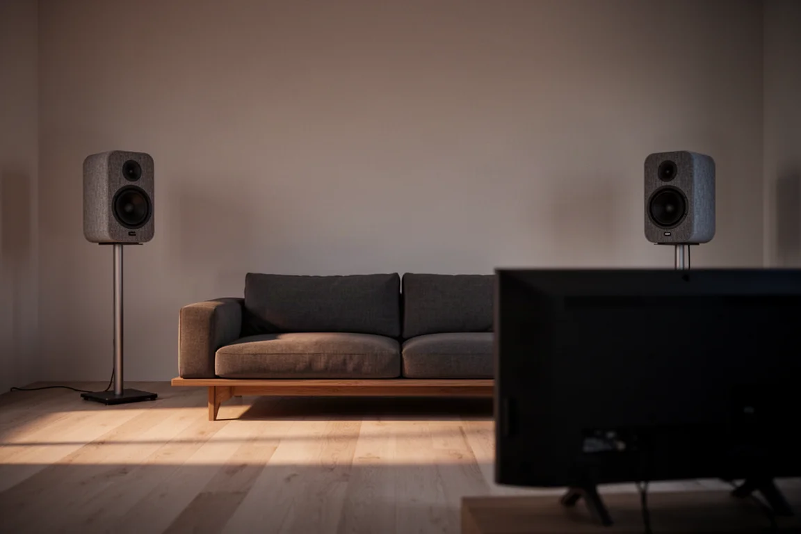 Due diffusori surround wireless compatti su supporti orientati verso un divano in un angolo del soggiorno