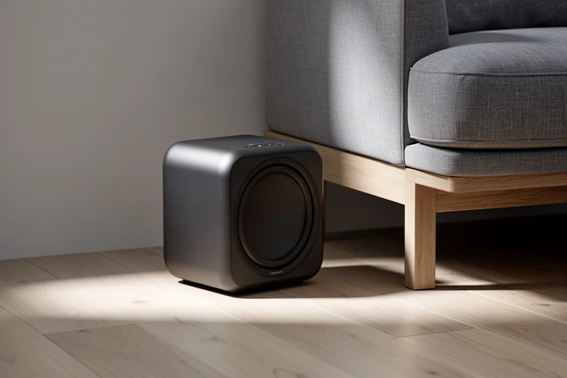 Subwoofer wireless compatto su pavimento in rovere chiaro accanto all'angolo di un divano
