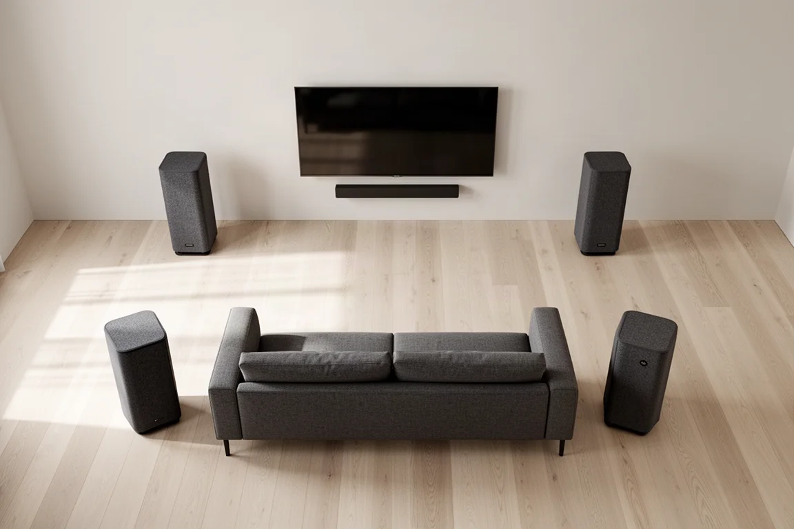 Vista dall'alto di quattro diffusori wireless compatti disposti attorno a un divano e a una televisione