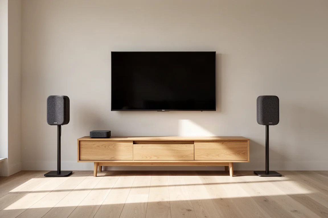 Minimal living room with a wall-mounted television flanked by two compact wireless speakers