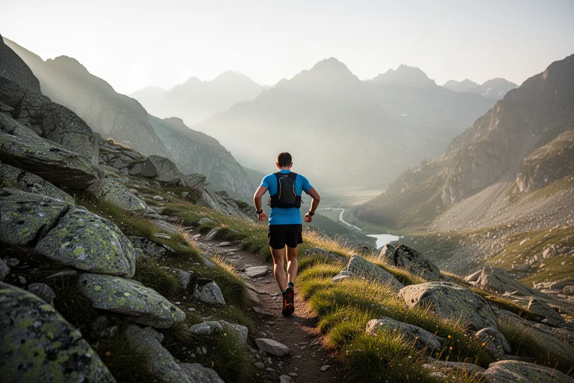 Trailrunner beklimt een rotsachtig alpenpad in zacht ochtendlicht