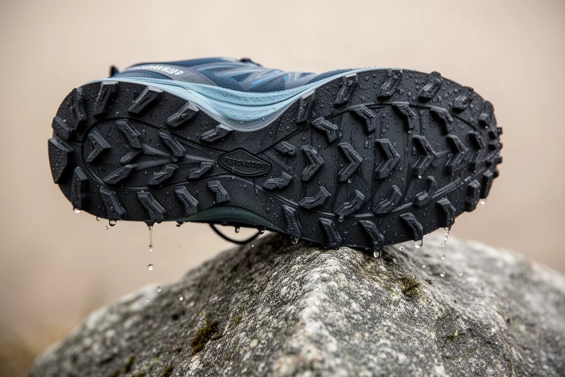 Close-up van de buitenzool van een trailrunningschoen die grip vindt op nat rots