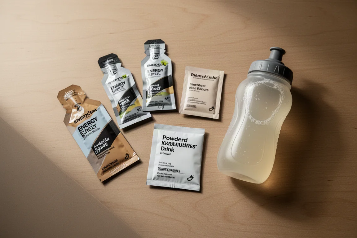 Energygels en drinkmixzakjes naast een soft flask uitgestald