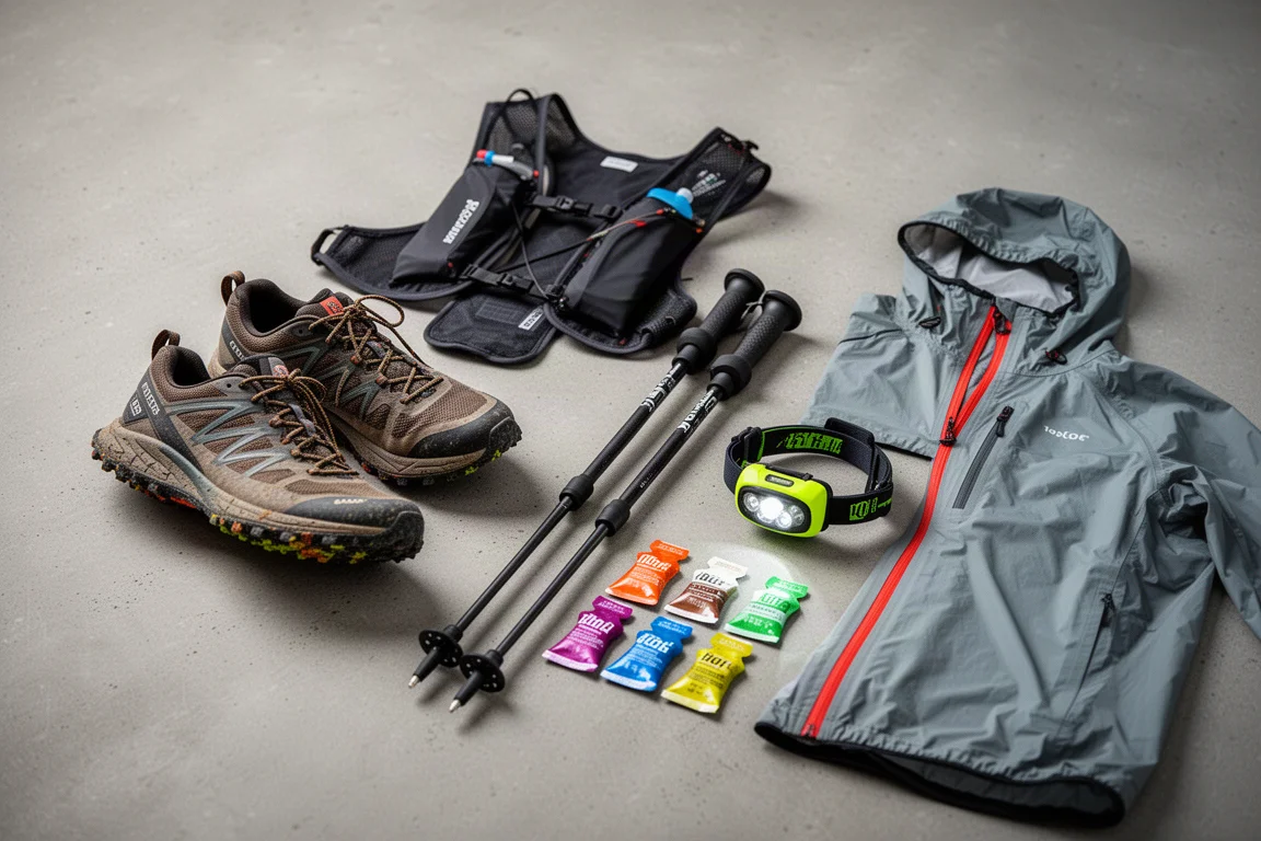 Flat-lay of trail running race kit including shoes, race vest, poles, head torch, and jacket