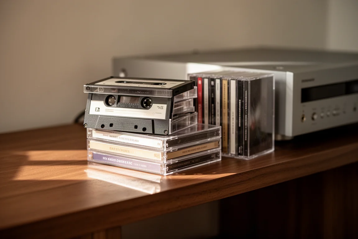 木架上擺著一疊卡式帶與 CD,旁邊是音響架