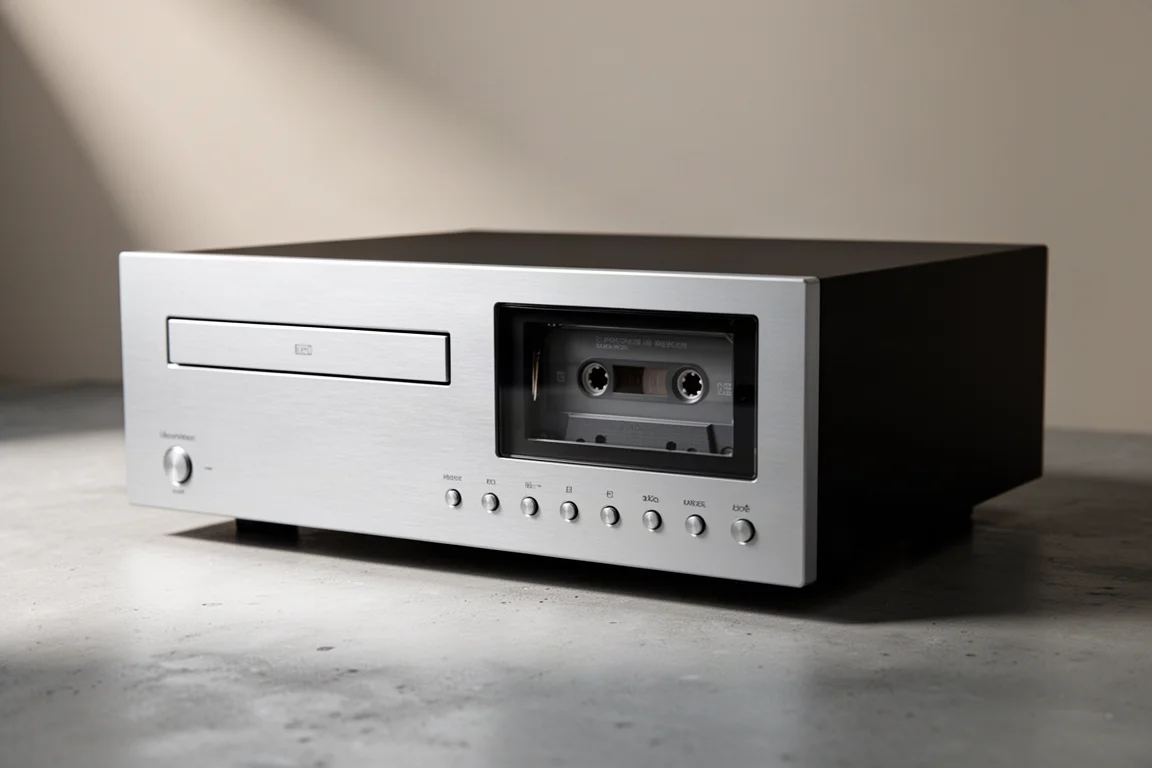 Slim silver hi-fi component with CD drawer and cassette deck on a concrete surface