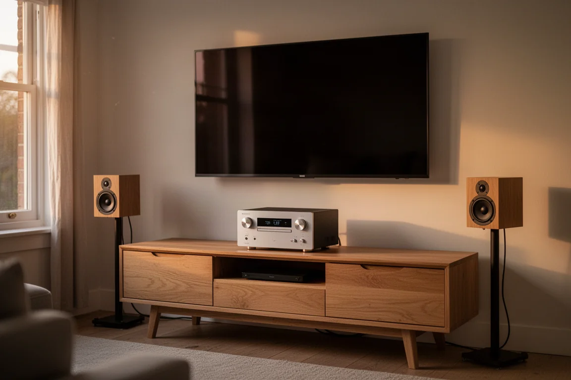 Kompakter Stereo-Verstärker und kleine Regalboxen auf einem Holzmedienmöbel in einem sanft beleuchteten Wohnzimmer