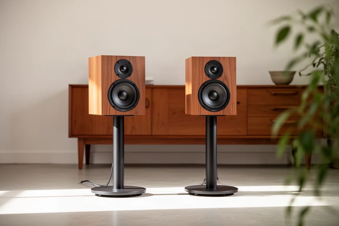Zwei kleine Regalboxen in einem hellen Raum mit einer Sideboard im Mid-Century-Stil