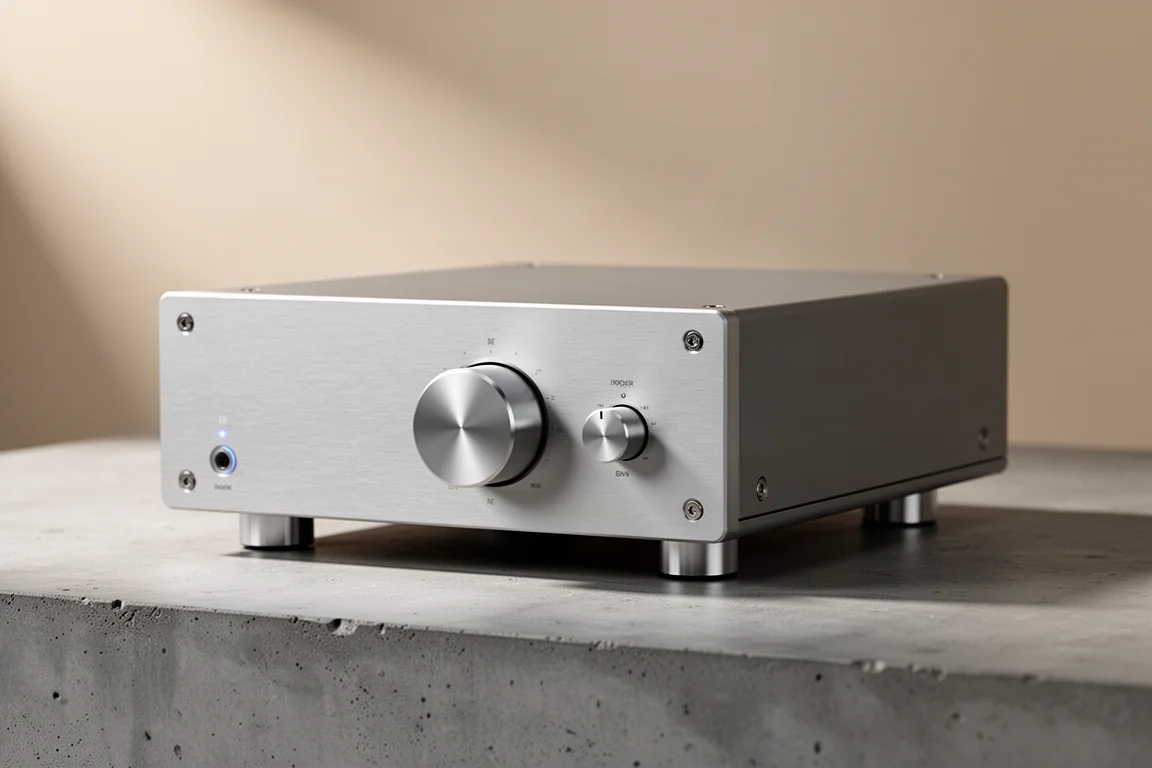 Compact integrated amplifier with large rotary volume knob on a matte concrete surface
