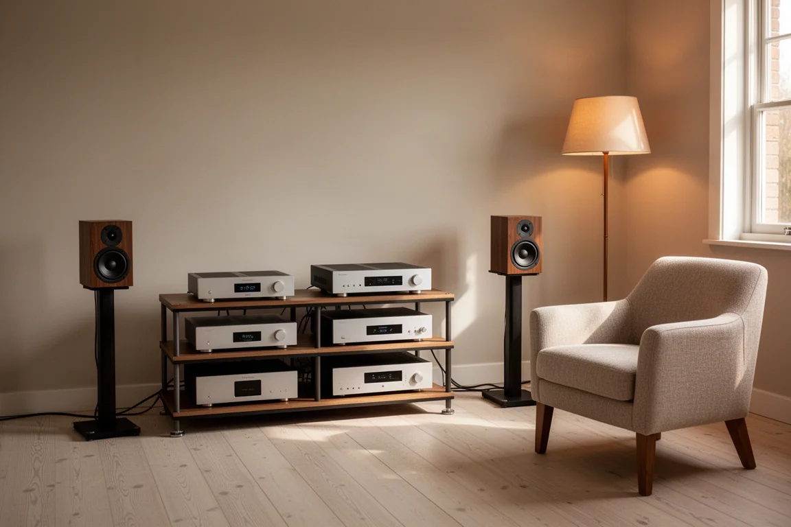 Pequeña sala de escucha con un mueble de alta fidelidad, altavoces y luz cálida de lámpara