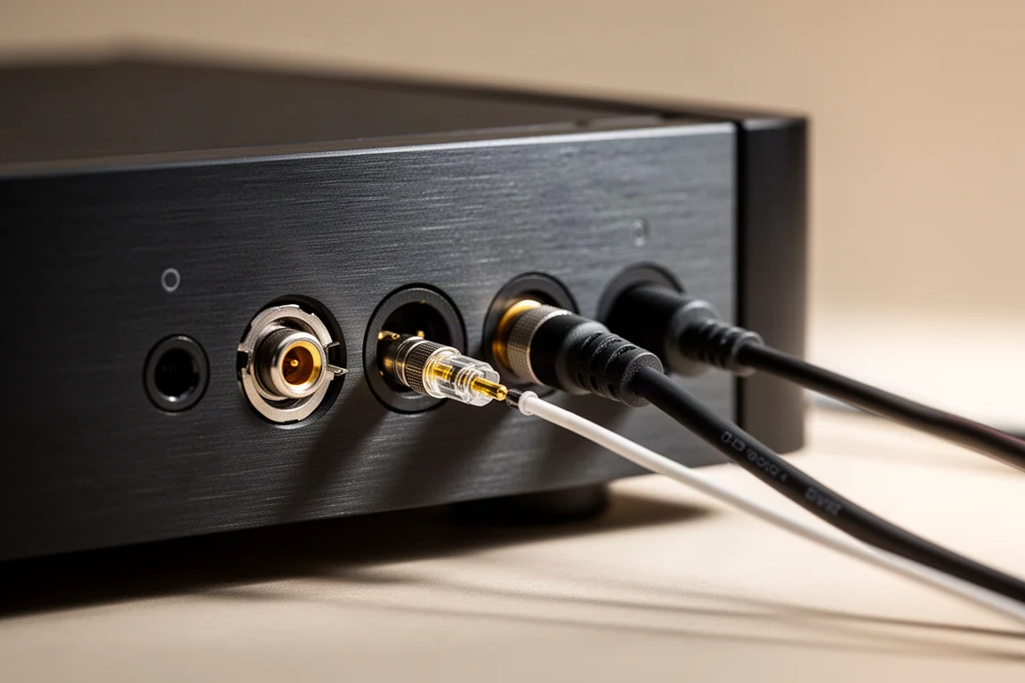 Cables coaxiales y ópticos conectados al panel trasero de un componente de audio