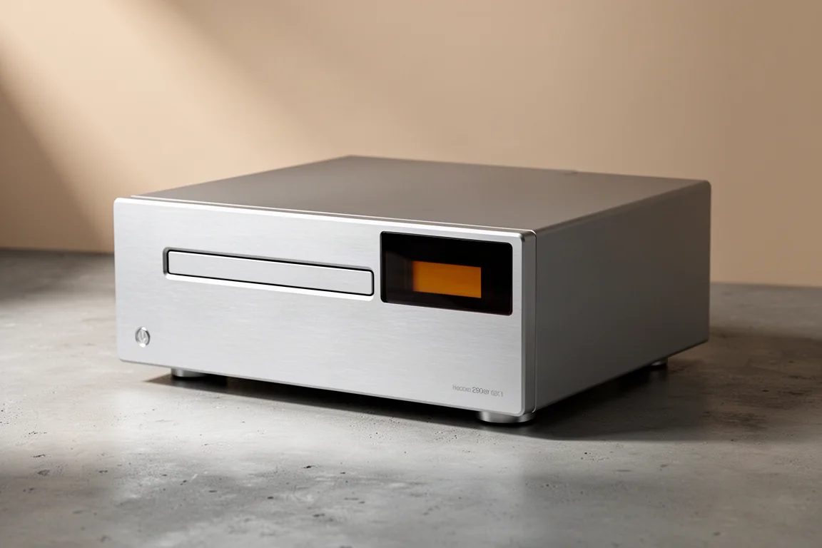Compact silver hi-fi component with an amber display on a matte concrete surface