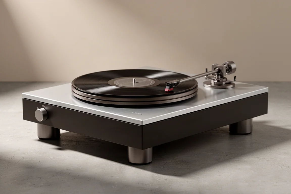Direct drive turntable with brushed aluminium top plate, straight tonearm, and vinyl record
