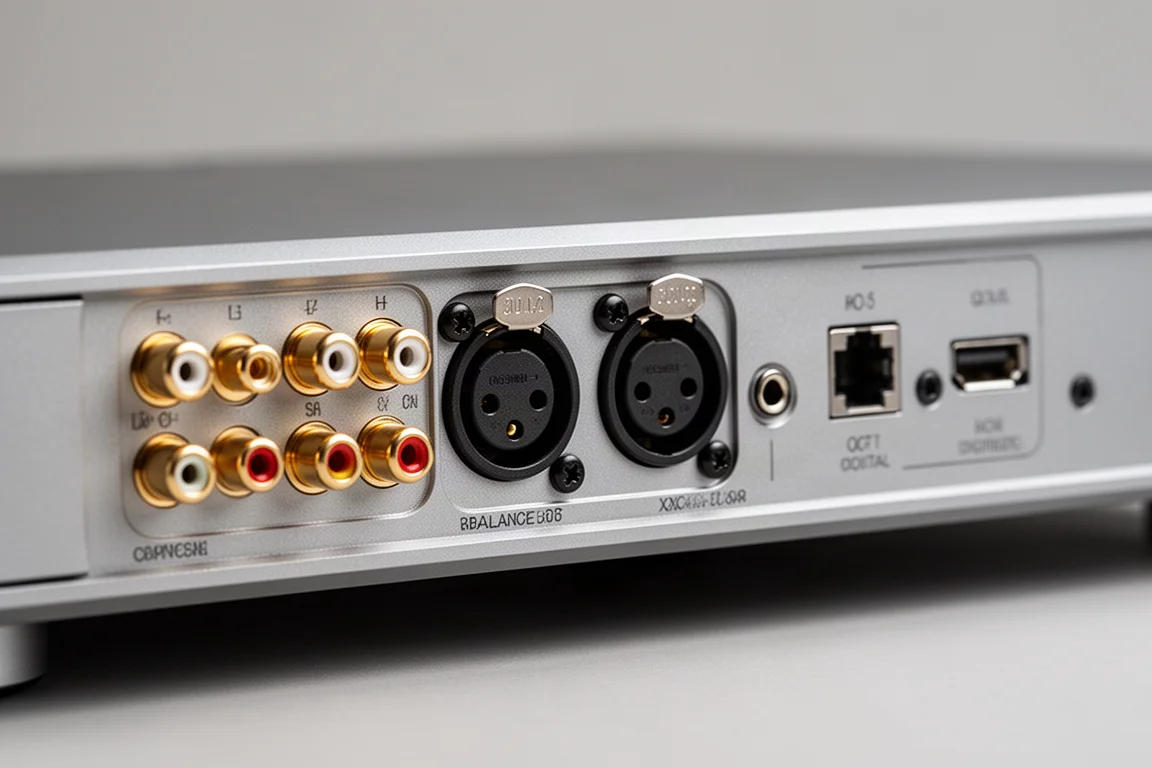 Zbliżenie pozłacanych złączy analogowych i cyfrowych na metalowym tylnym panelu hi-fi