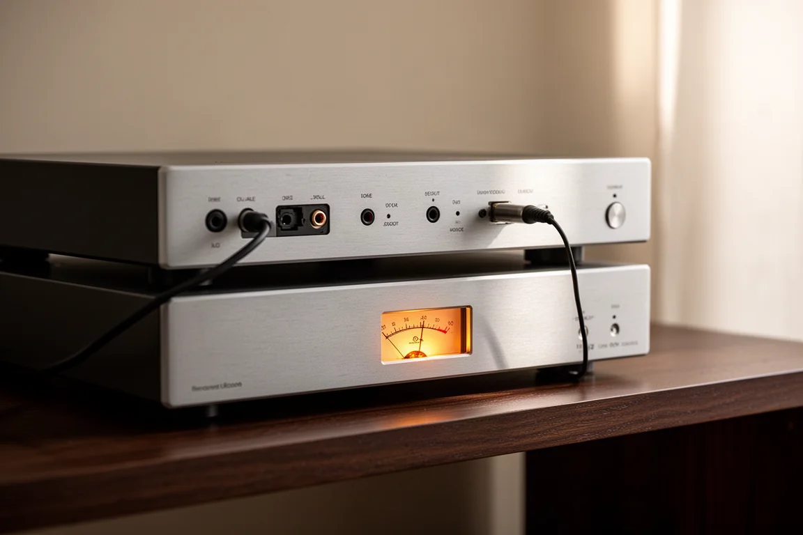 Dwa smukłe komponenty hi-fi ustawione na drewnianej półce połączone kablem cyfrowym