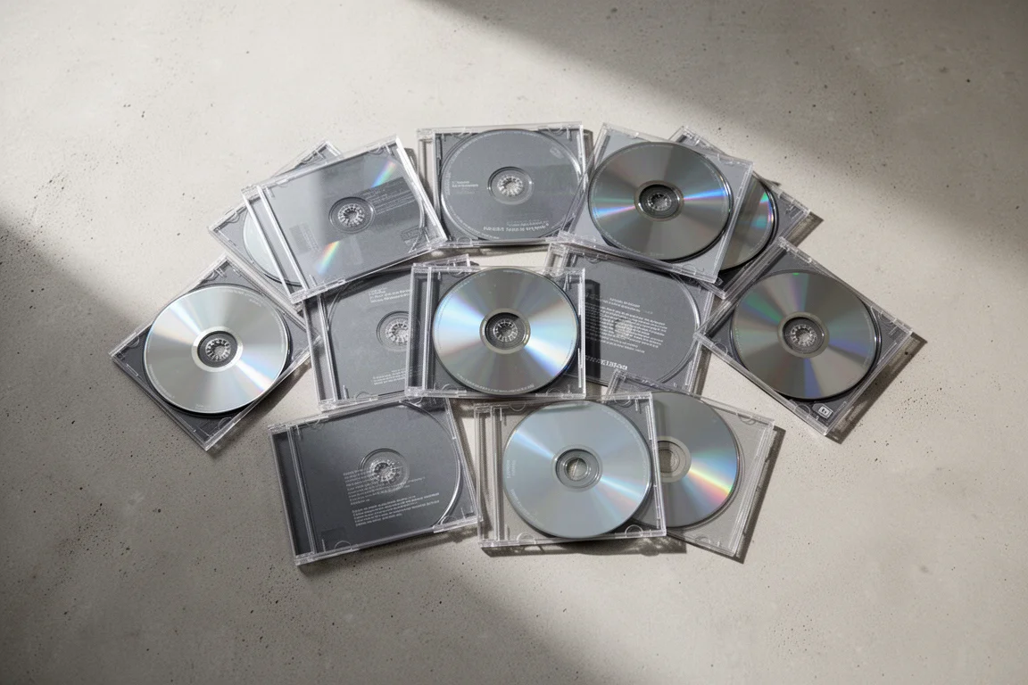 Widok z góry na płyty CD w pudełkach rozłożone wachlarzem na jasnym betonie
