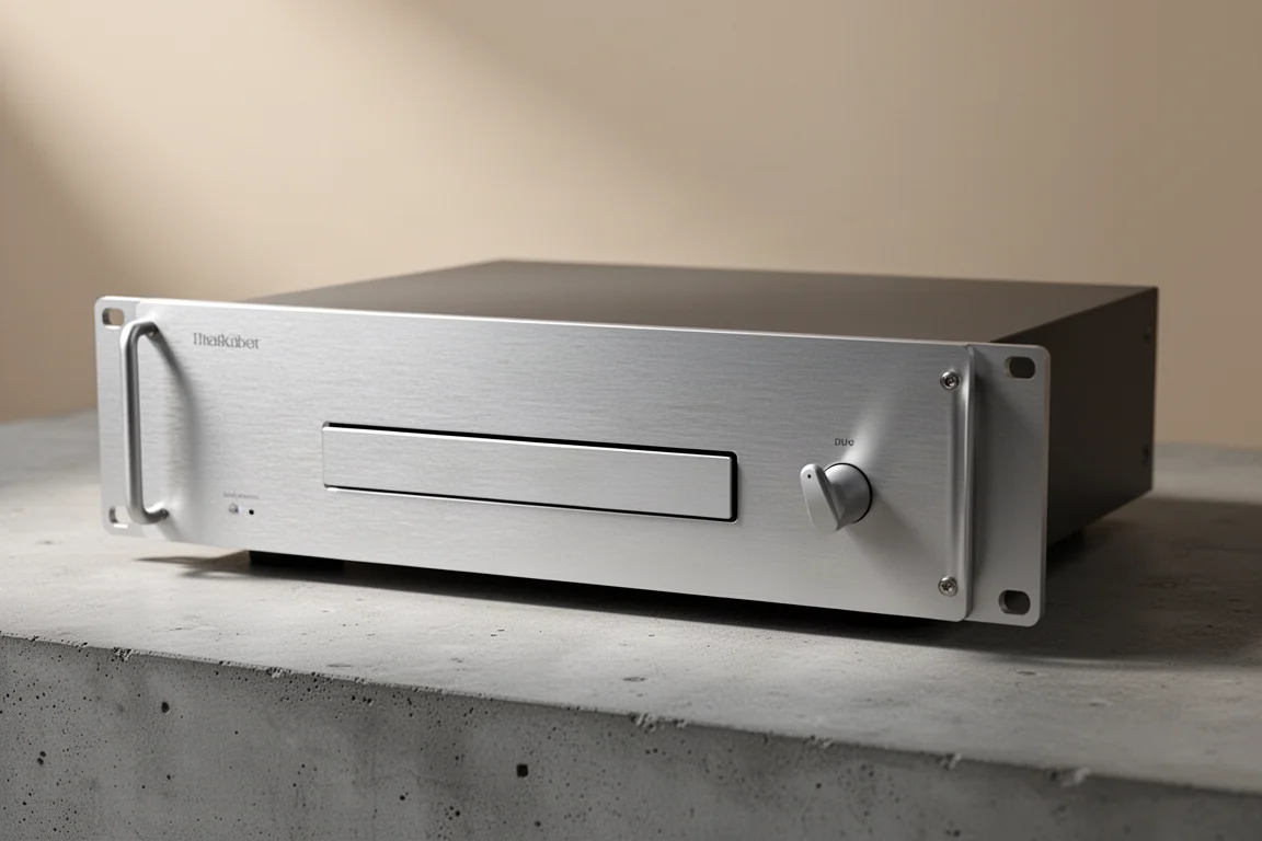 Slim silver hi-fi CD player with brushed aluminium faceplate on a concrete surface