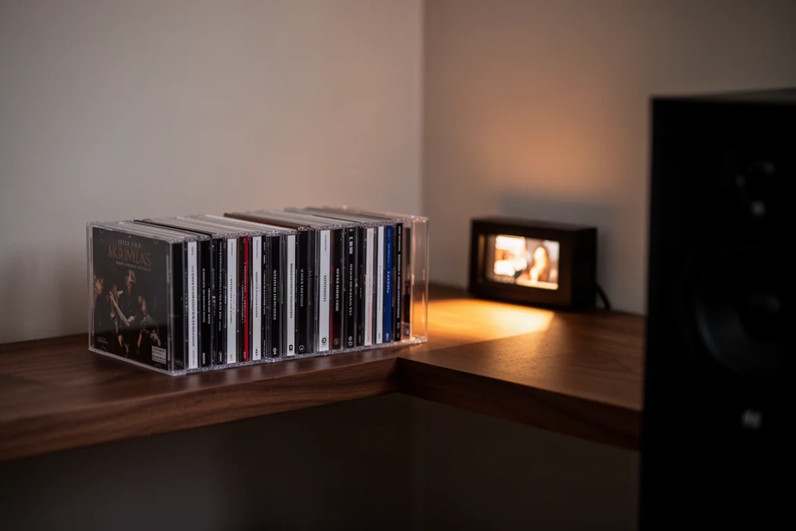 Hi-fi rack in a listening room at dusk with a silver disc transport and CD cases