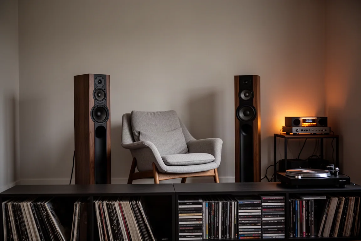 Row of CD cases on a wooden shelf beside a hi-fi rack in warm lamp light