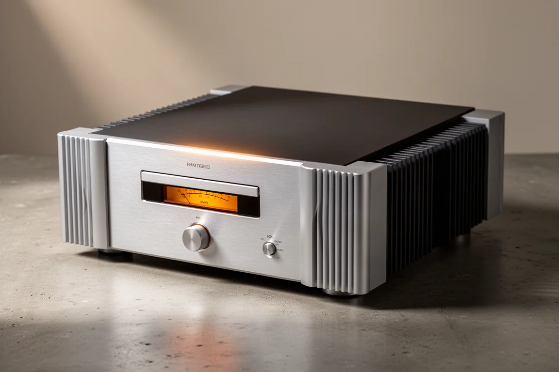 Silver full-width CD transport with rotary dial on a matte concrete surface