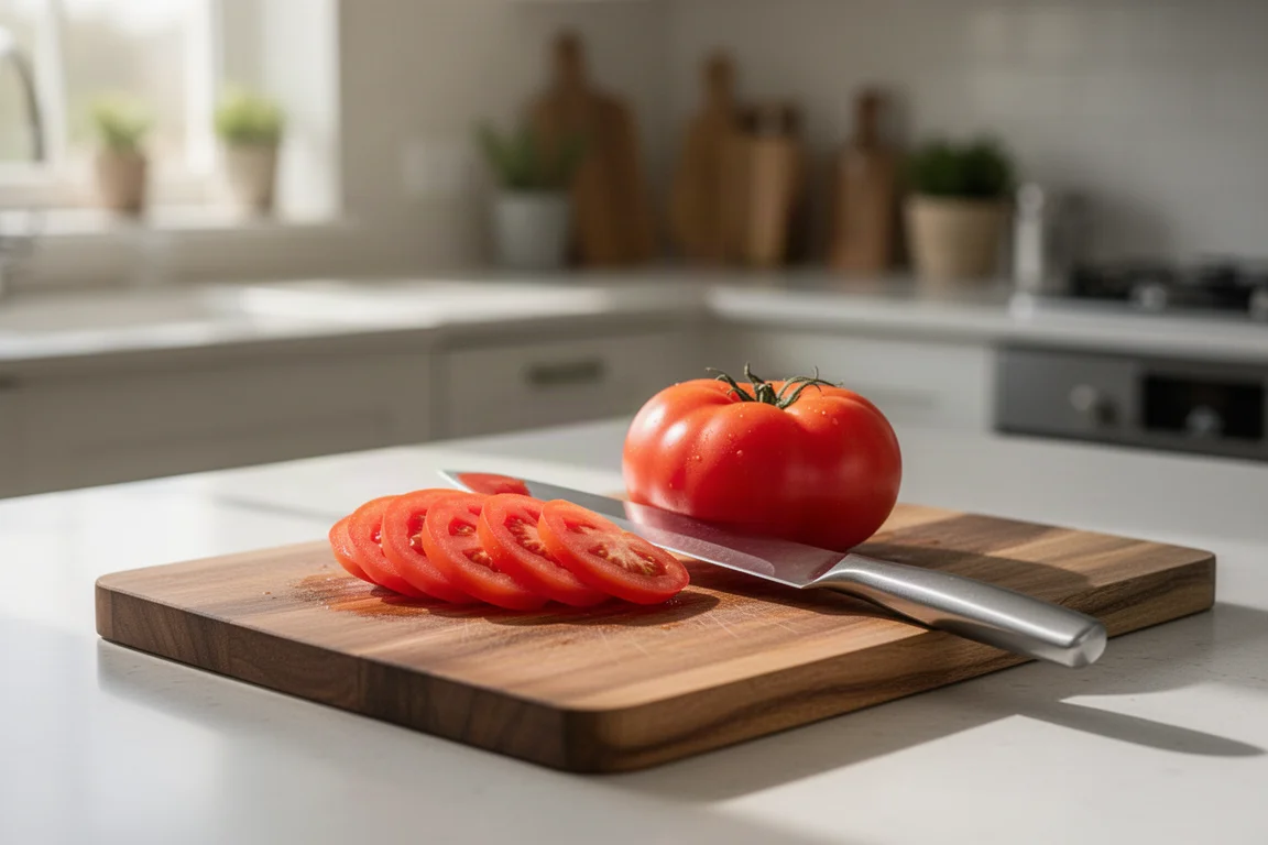 Home cook slicing tomatoes on a cutting board in soft kitchen light