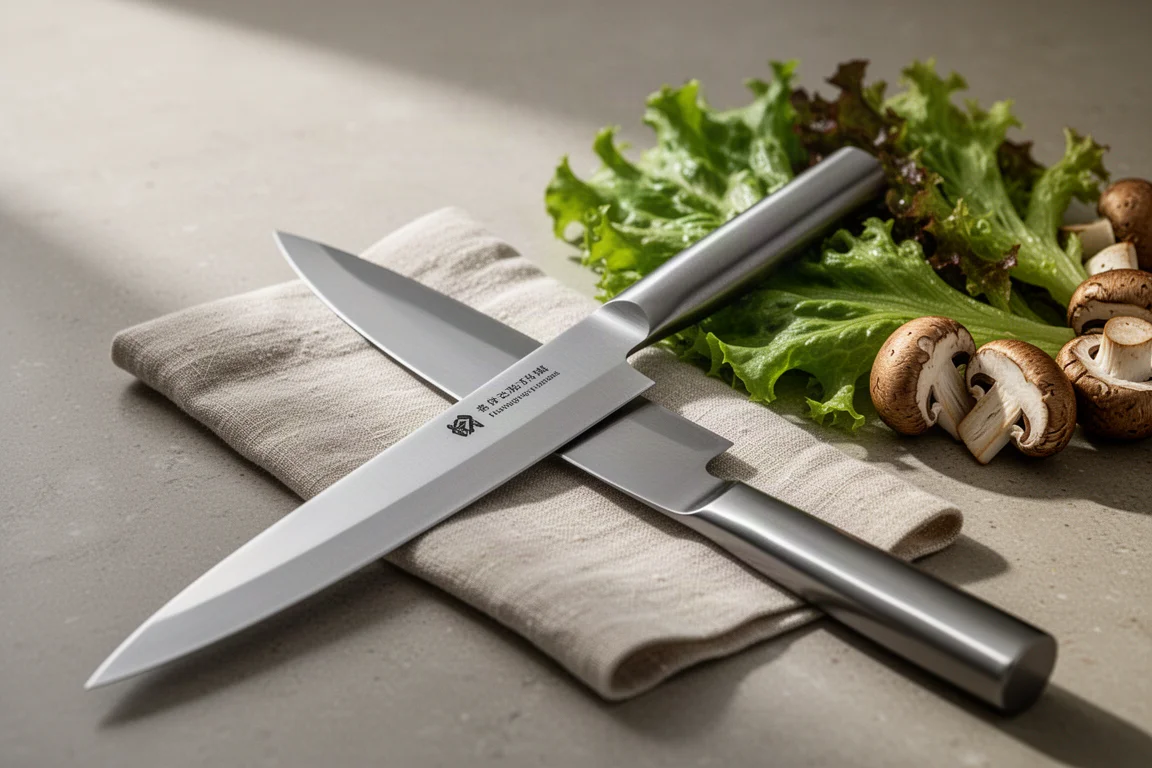 Thin Japanese-style knife blade resting beside fresh salad greens