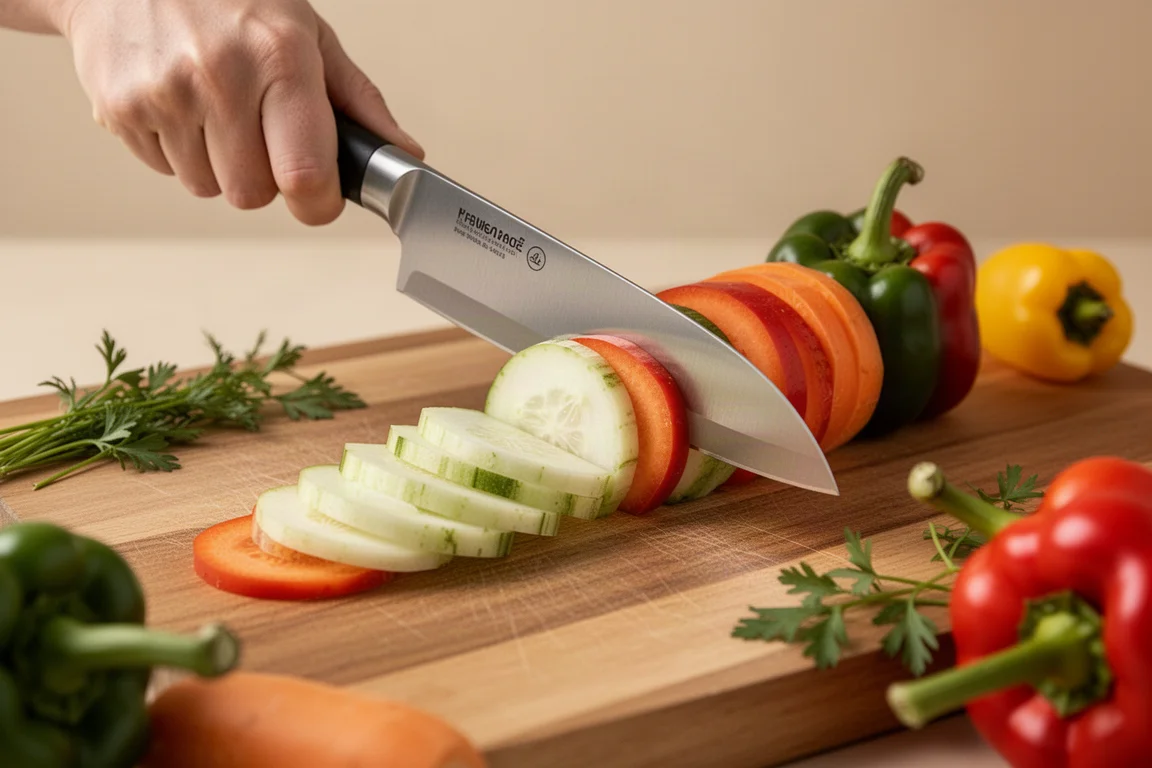 Compact petty knife slicing through soft vegetables on a board