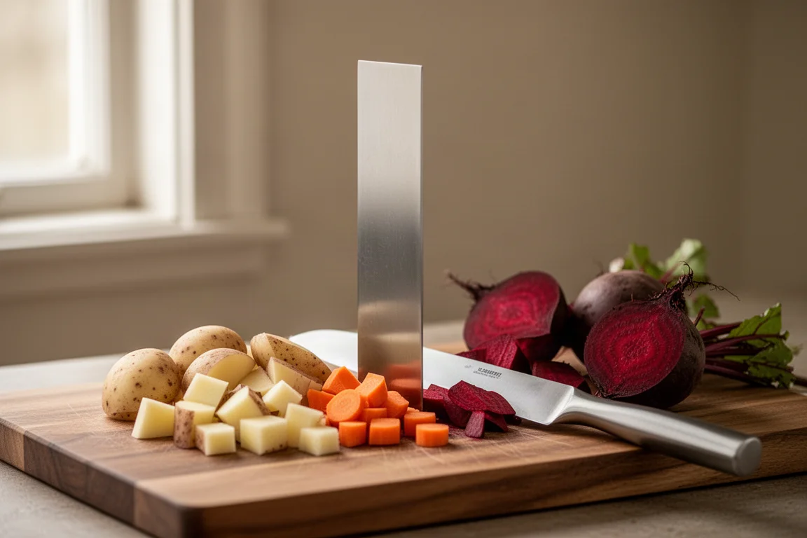 Nakiri-style knife chopping vegetables on a wooden cutting board