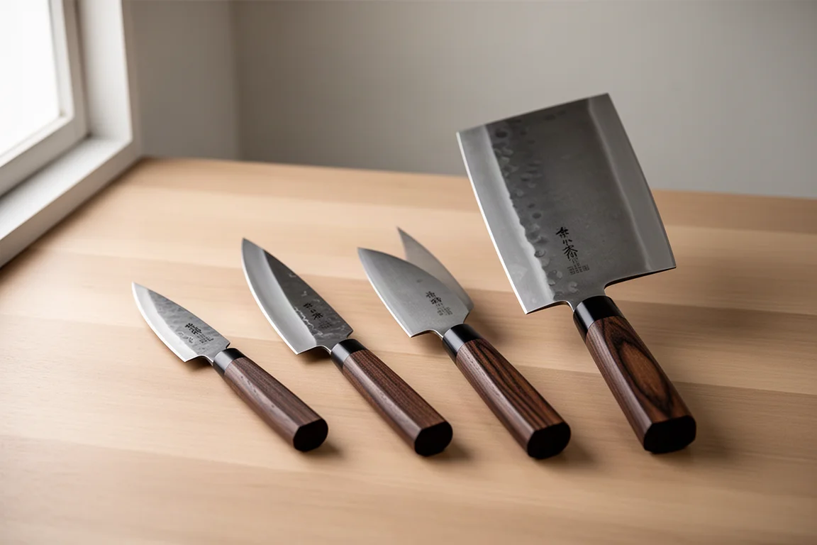 Four Japanese-style kitchen knives with wooden handles lined up on a wood surface