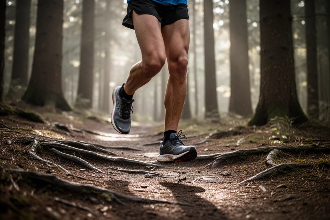 Trail runner on a compact forest track with damp ground and tree cover