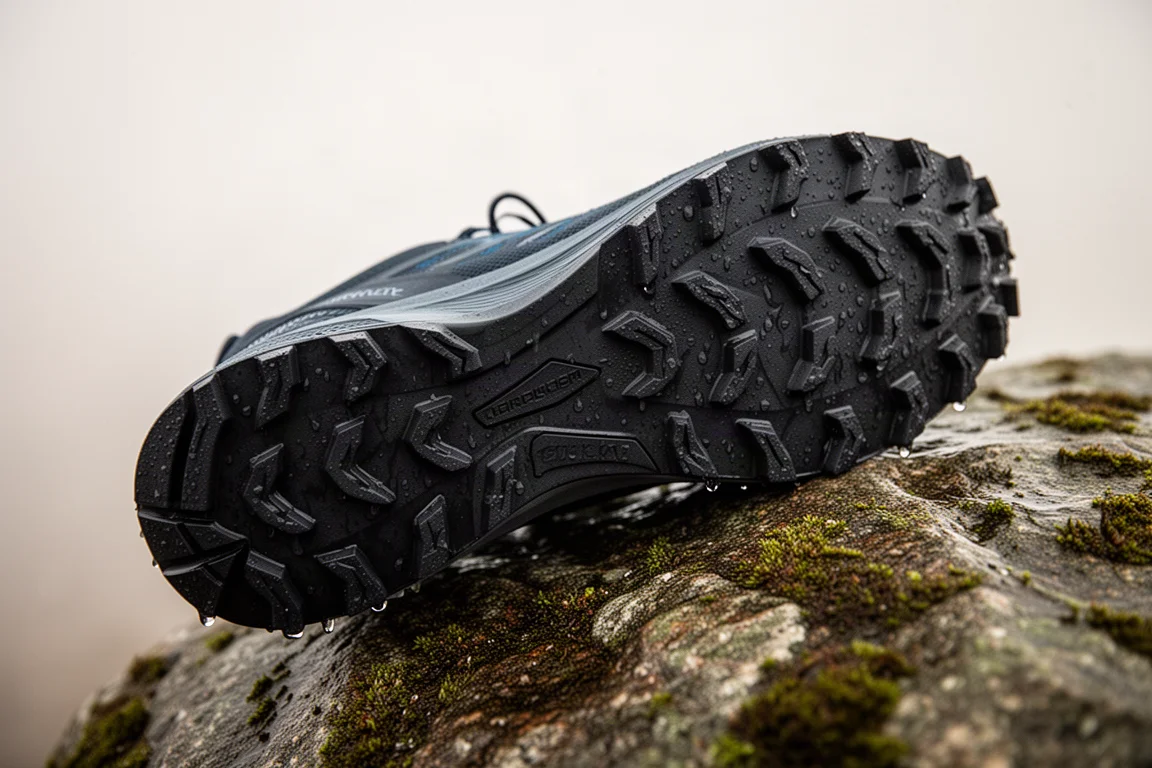 Close-up of a deep-lugged trail shoe outsole resting on wet rock