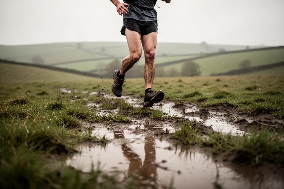Runner crossing a soft muddy grass field on a rolling trail
