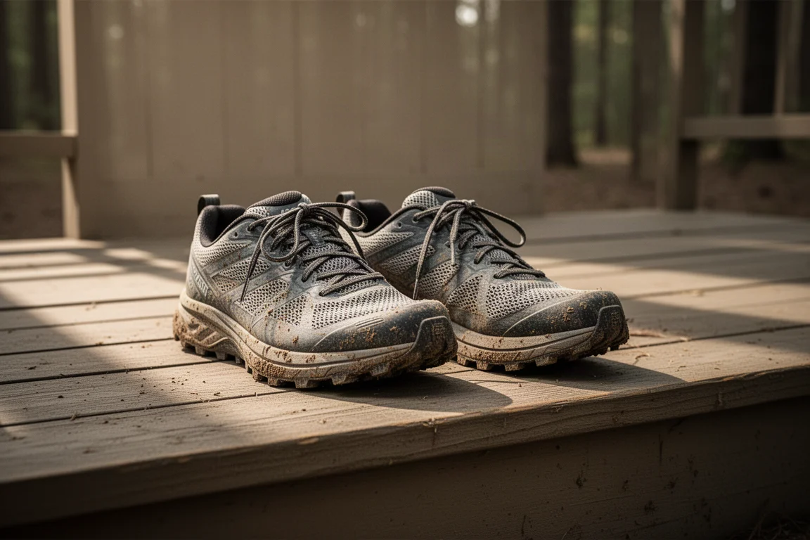 Trail shoes resting on a wooden porch after a long muddy run