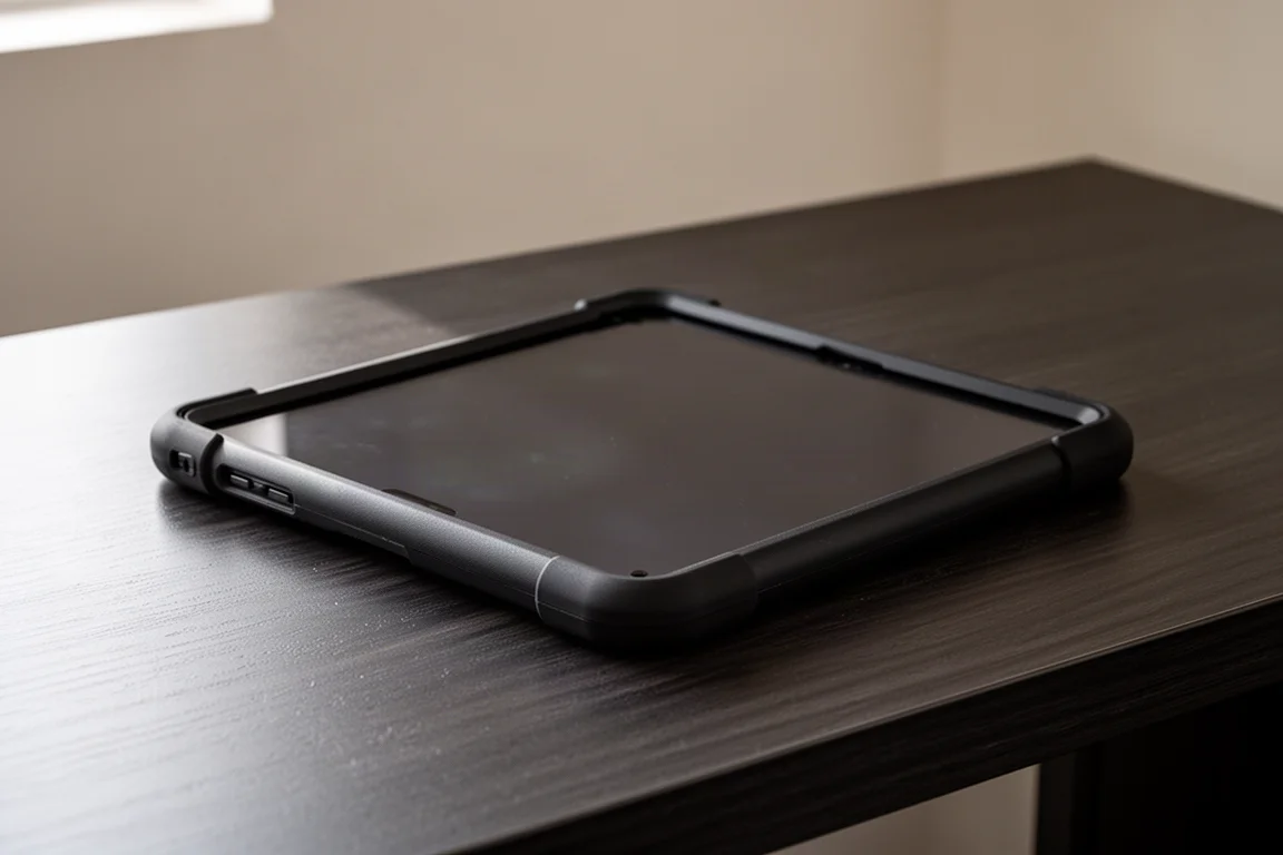 啞黑色 iPad 保護殼,帶有粗獷造型,置於桌面上
