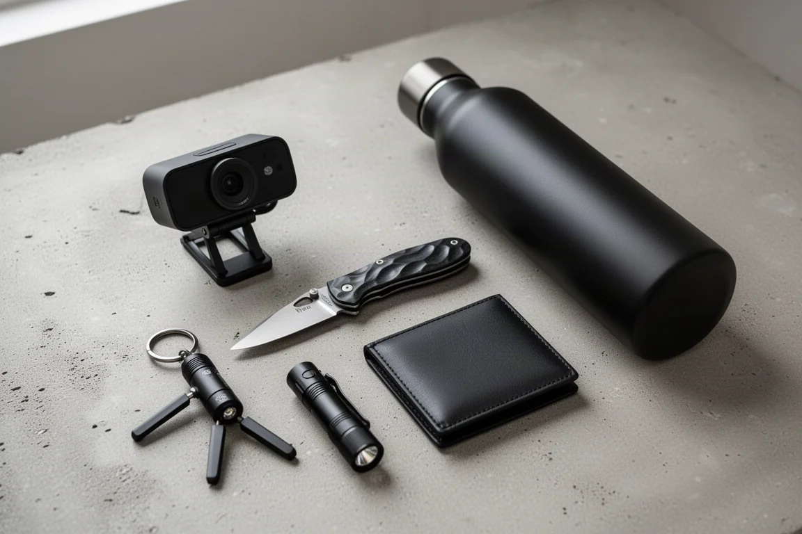 Flat-lay of tech and EDC gear including a webcam, knife, flashlight, wallet, and water bottle