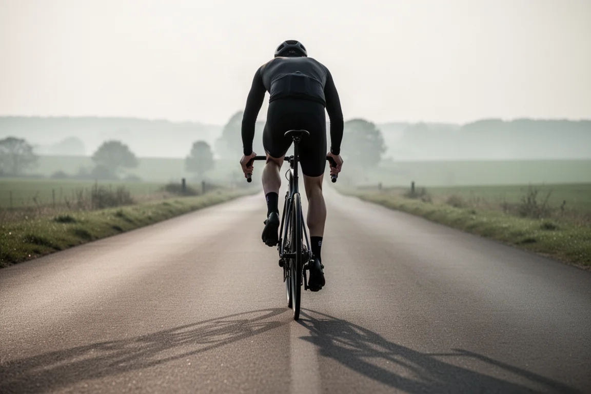 Rennradfahrer auf schmalem Aero-Lenker auf offener Straße