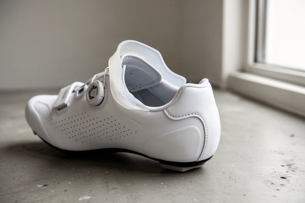 Nahaufnahme der silikonummantelten Zungenöffnung an einem weißen Rennradschuh