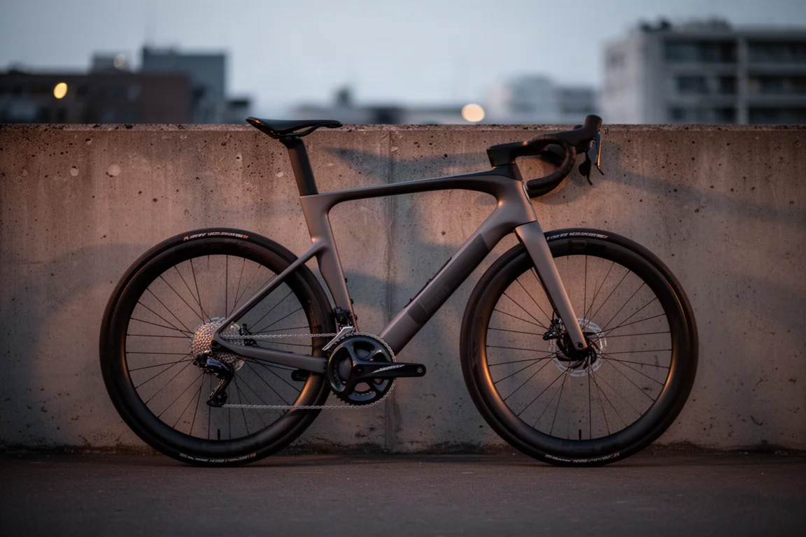 Aero-Rennrad mit tiefen Felgen, das in der Dämmerung an einer Betonwand lehnt