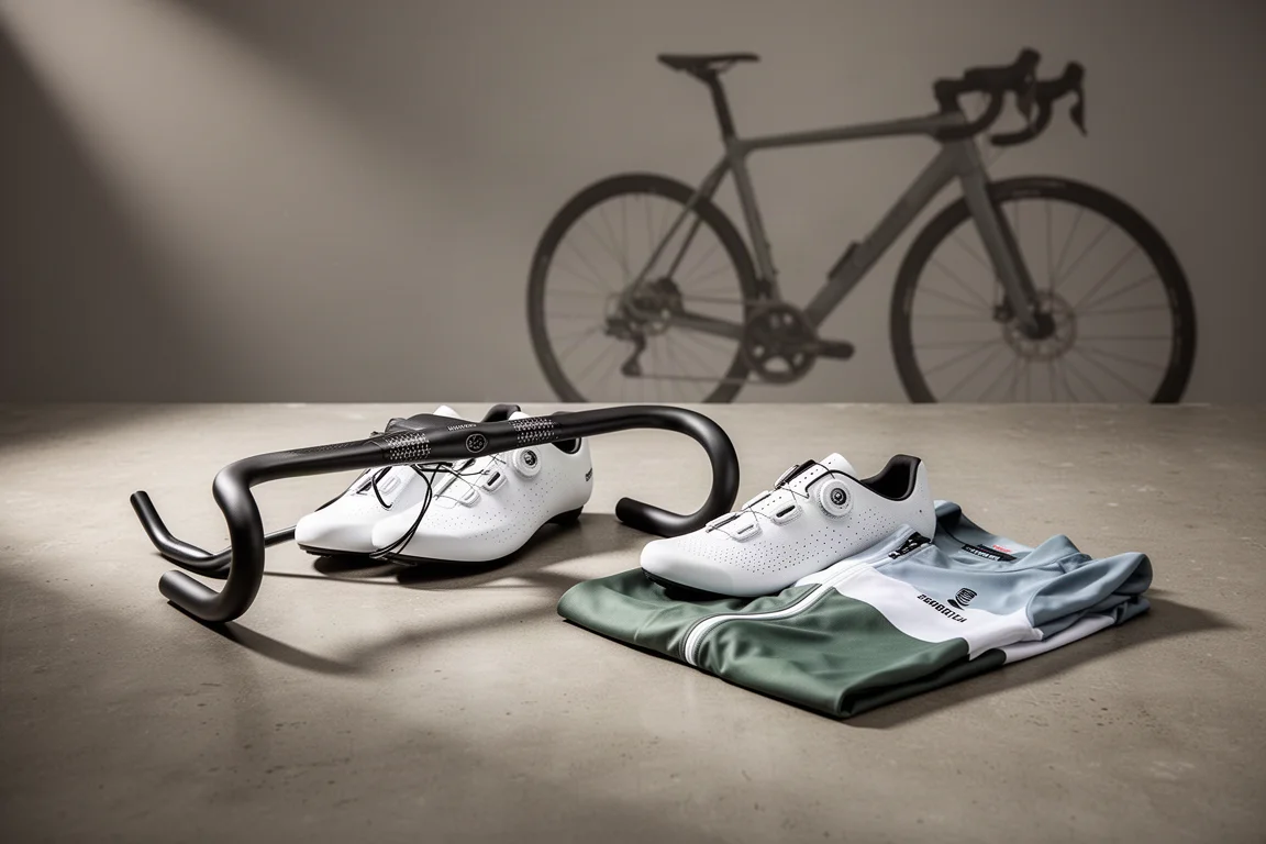 Vue à plat d'équipement de cyclisme sur route : cintre aéro, chaussures de route blanches et maillot