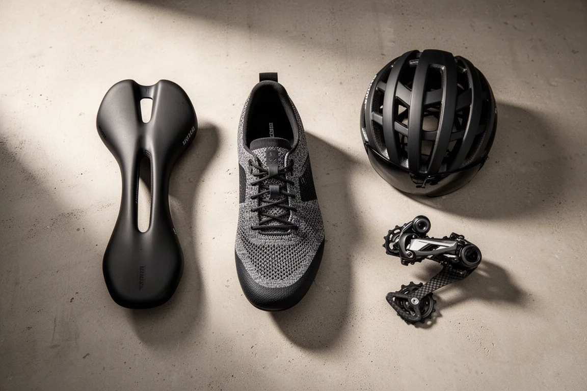 Road and gravel cycling components arranged flat-lay on a concrete surface