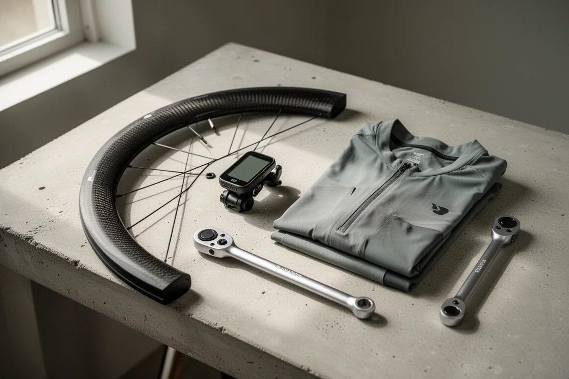 Flache Draufsicht auf Fahrradkomponenten und Bekleidung auf einer Betonwerkbank