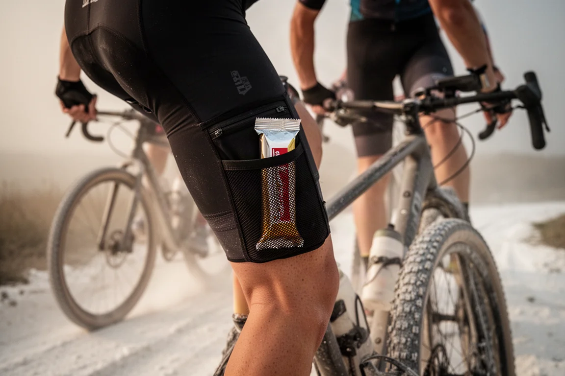 Nahaufnahme von Gravel-Fahrern auf einem Kreideweg mit Mesh-Cargotaschen
