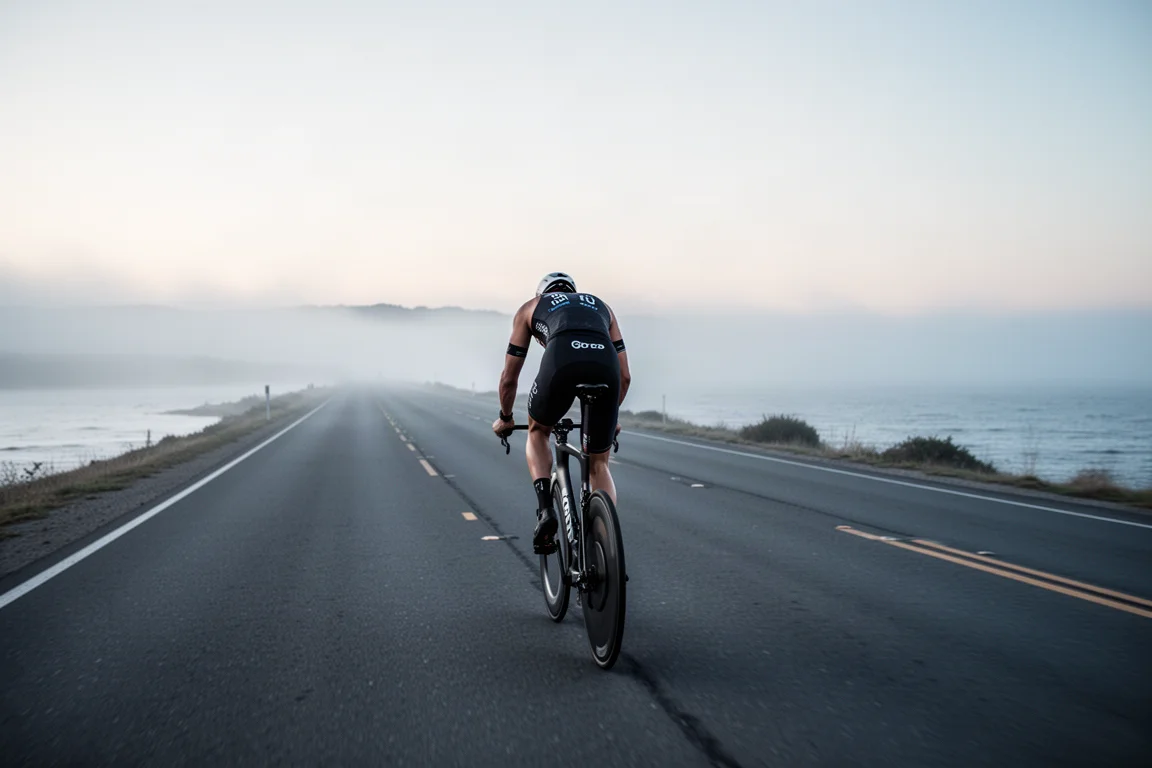 Triathlet auf einem aerodynamischen Rad auf einer Küstenstraße im Morgengrauen