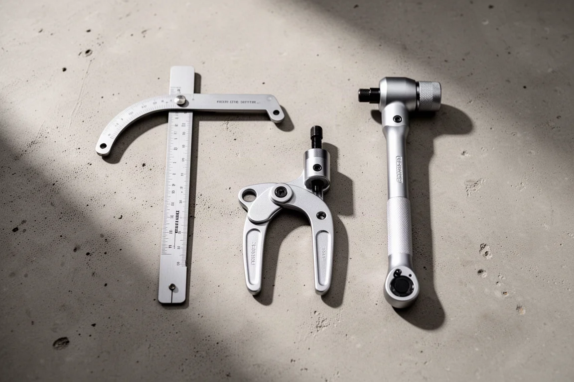 混凝土表面上平鋪擺放的單車工作坊工具