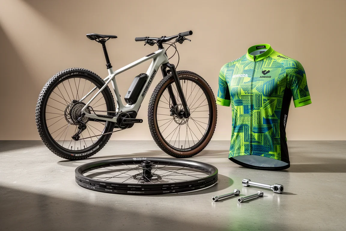 Produits cyclistes, dont un e-MTB, des roues gravel, un maillot et des outils, posés sur du béton