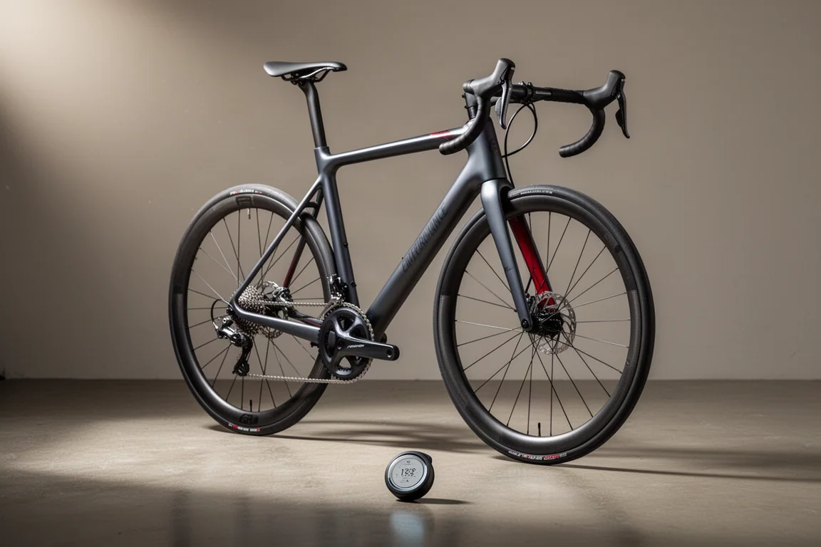 Carbon endurance-racefiets en kleine ronde lichaamstemperatuursensor op een betonnen oppervlak