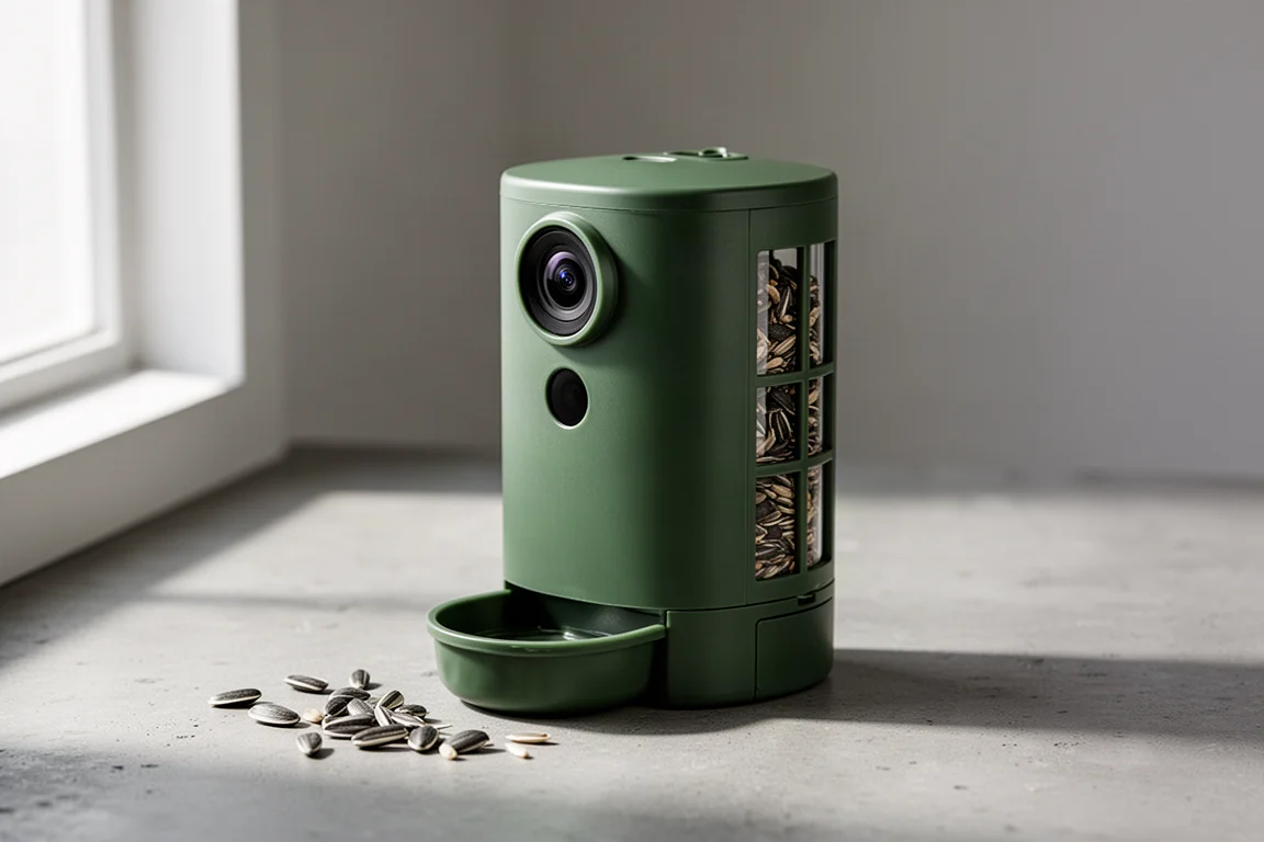 Technaxx TX-165 feeder bird camera on a concrete surface with scattered seeds