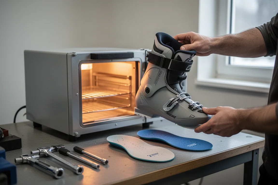 Bootfitter som värmer en pälxas innersko i en verkstadsugn