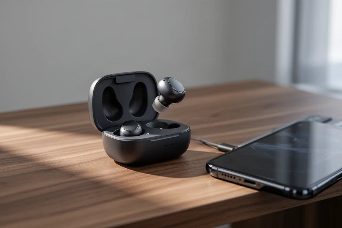 True wireless earbuds in an open charging case on a wooden desk beside a smartphone