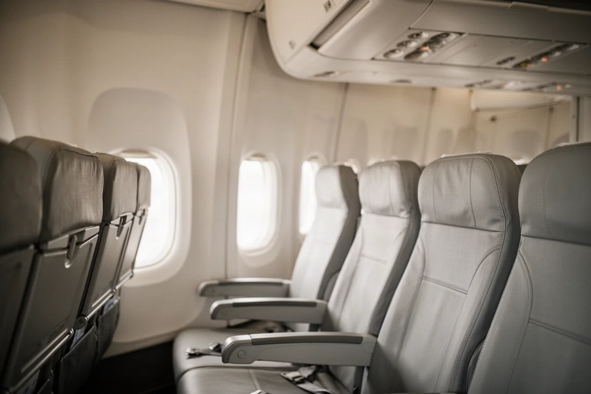 Empty aircraft cabin interior seen from a window seat in soft daylight